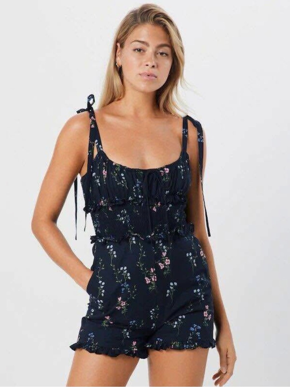 For Love & Lemons Black Floral Romper with Pink & Blue Accents